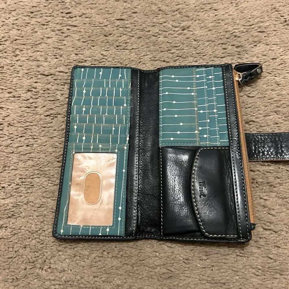 Fossil Women's Weekender Checkbook Clutch Blue Leather Bi-Fold Wallet